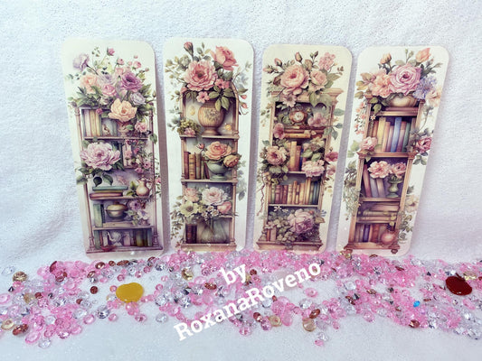 Beige Pink Flower, 4 piece  Bookmark Set, Thick Laminated Paper Bookmarks Set