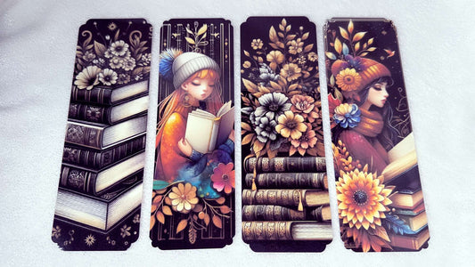 Vintage Book Stack Girl, 4 pieces Laminated Paper Bookmarks Set