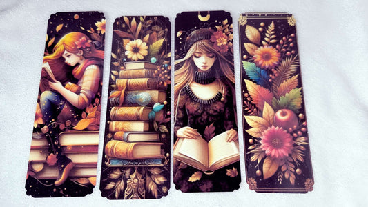 Autumn Flower Book Girl, 4 pieces Laminated Paper Bookmarks Set