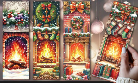 Christmas Fireplace, 4 pieces Laminated Paper Bookmarks Set